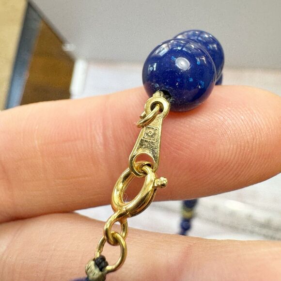 Vintage Avon Blue Green Gold Bead Necklace Rhinestone & Cabochon Center 20" - Picture 3 of 10